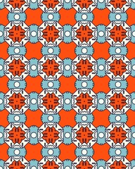 Intricate geometric shapes in bright orange, light blue, and white form a seamless pattern perfect for creative applications in design