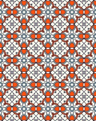 This seamless pattern features vibrant orange and blue shapes arranged in a geometric design on a white background, ideal for fabric or decor