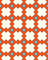 This seamless pattern showcases a vibrant design of blue flowers and diamond shapes in orange, creating a striking visual effect
