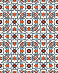 This seamless pattern features an array of geometric shapes in vibrant colors, creating an appealing visual texture for design use