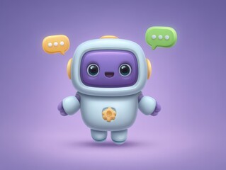 Fototapeta premium Colorful cute robot character expressing joy and communication in a playful digital space with vibrant chat bubbles and a cheerful demeanor showcasing friendly technology and creativity