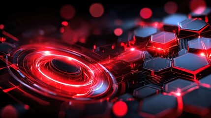 Futuristic digital technology concept with glowing red hexagons and dynamic circular light effects on dark background