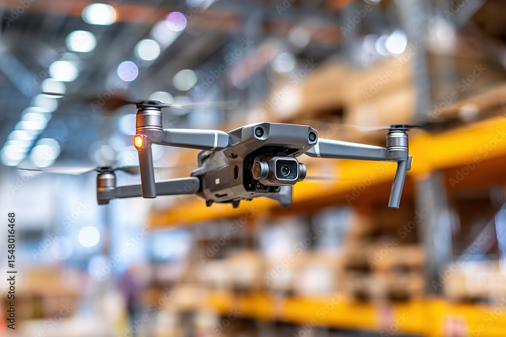 Poster drone flying inside a large warehouse during the day capturing inventory details and monitoring oper