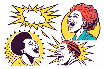 Pop art emojis set of vector illustrations with exaggerated expressions