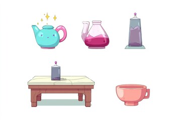 Colorful tea set on wooden table with various containers and a cup ready for brewing herbal tea