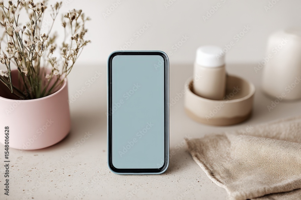 Aufkleber Modern smartphone with blank screen placed on a light beige countertop with decorative items in a minimalistic home setting