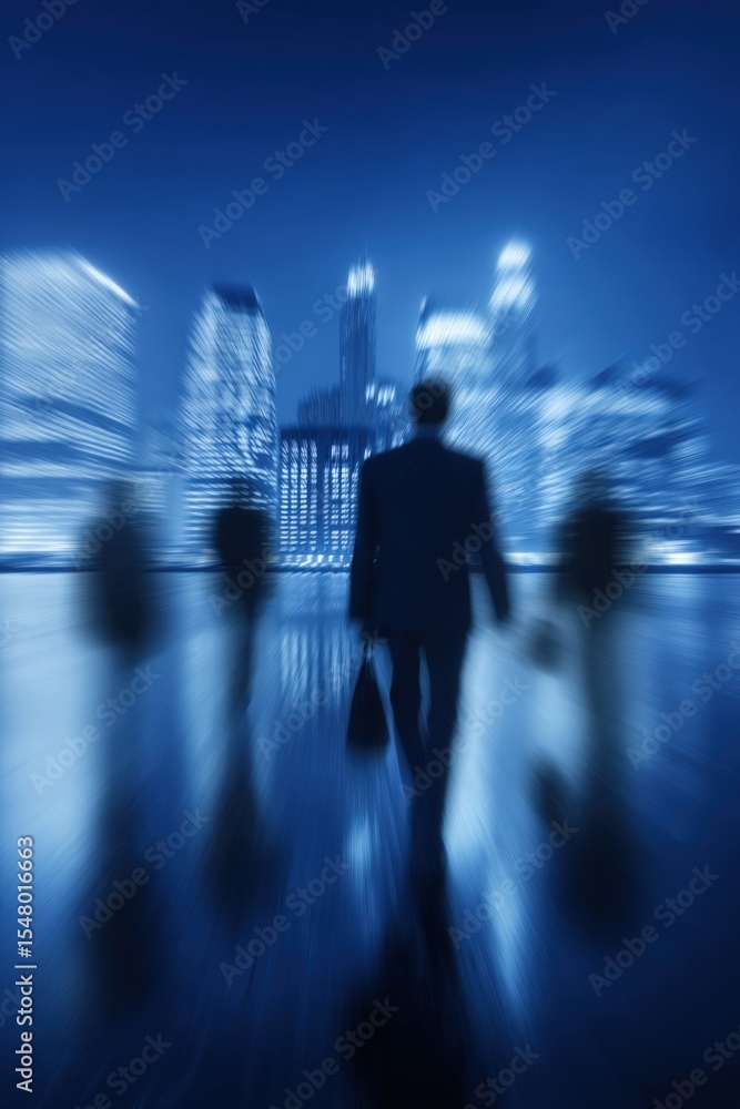 Poster modern cityscape at night with illuminated skyscrapers and a silhouetted person standing on reflecti
