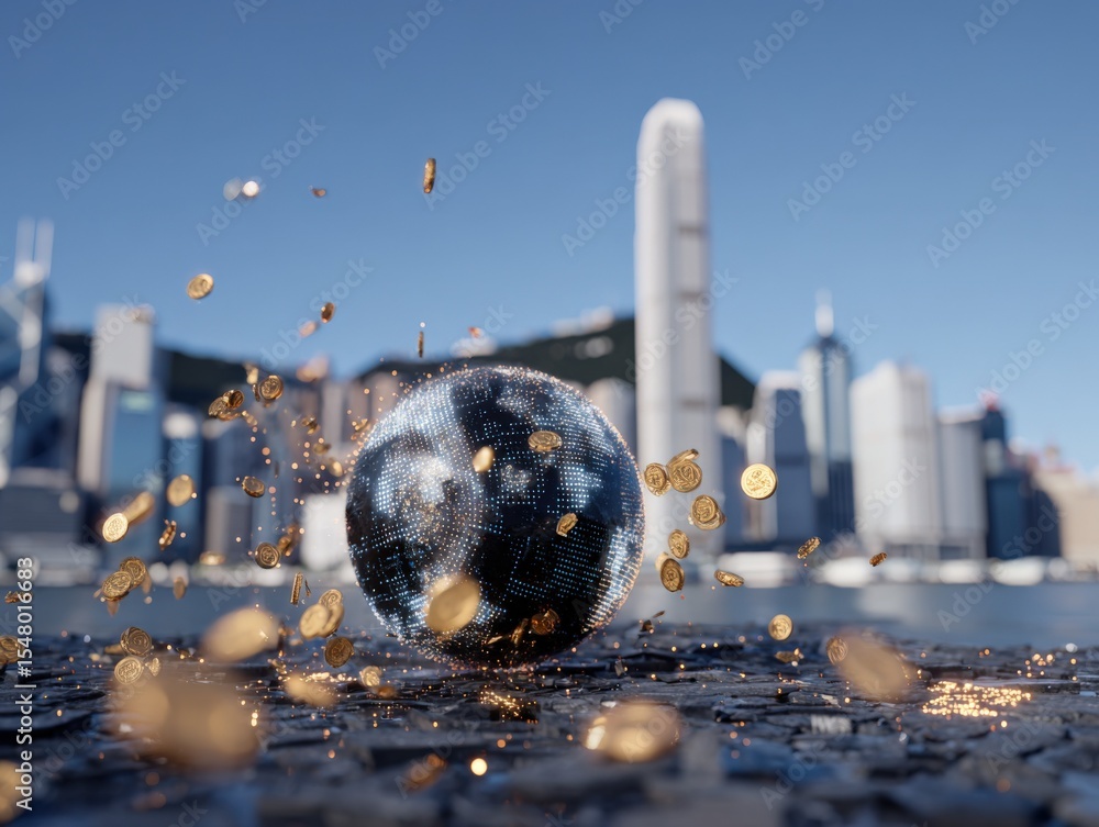 Poster Futuristic scene with a reflective globe and scattered coins floating on water with city skyline in the background du daytime