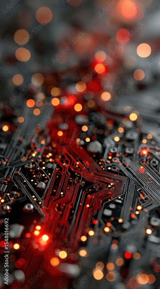 Aufkleber futuristic electronic circuit board illuminated with red glowing lines and bokeh lights creating a h