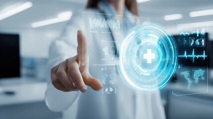 Futuristic medical technology interface with digital health data hologram and healthcare professional pointing at virtual health icons