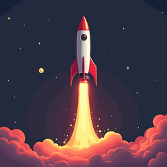 Vintage rocket launching through clouds in outer space  