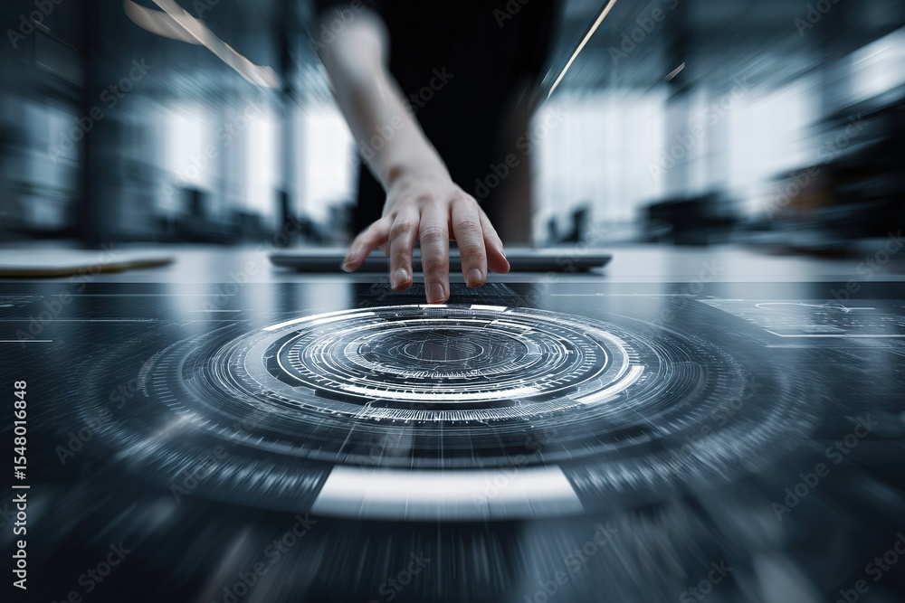 Poster futuristic technology interface with hand interaction in modern workspace