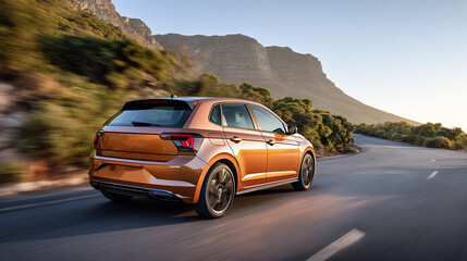 Fototapeta premium Dynamic rear view of a modern orange hatchback driving on a winding coastal road, with majestic mountains and a clear sky, capturing the essence of adventure, travel, and performance in a beautiful la