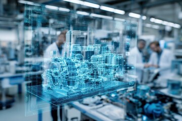 Engineers working with holographic industrial design in a modern technology laboratory