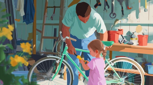 Father and daughter bonding while fixing a bicycle in a bright garage filled with tools and flowers