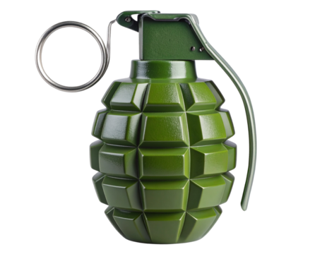Classic Green Fragmentation Grenade with Metal Pin and Lever, Isolated on Transparent Background