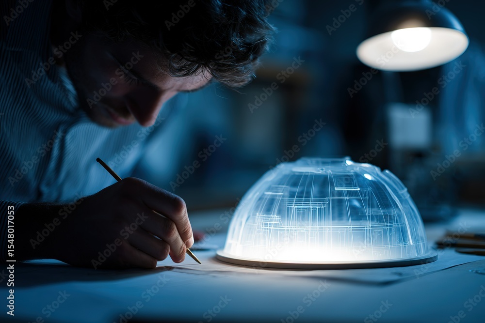 Poster modeling a futuristic structure by hand in a dimly lit workshop with attention to intricate details