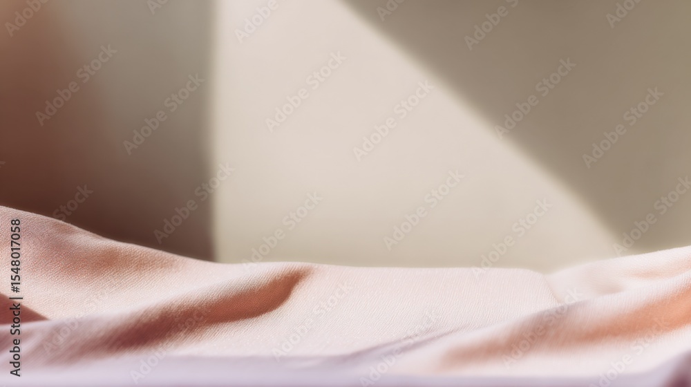 Poster close-up of a soft pink silk fabric with gentle folds and smooth texture on a plain beige background