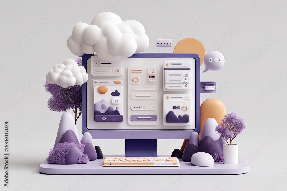 Fototapete Modern computer workstation with large monitor displaying graphical user interface surrounded by stylized clouds trees and abstract landscape elements in a futuristic minimalistic 3D scene