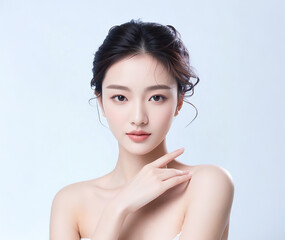 Portrait of a beautiful woman with a happy smile on her face, one hand on her chest, smiling gracefully, for beauty salon, skincare, plastic surgery agency, dermatology poster modeling
