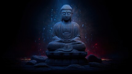 Serene Blue Buddha Statue in Meditation Pose with Glowing Particles and Dark Background for Spiritual and Peaceful Atmosphere
