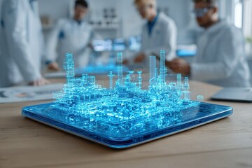 Innovative engineers collaborating on digital industrial model in high-tech workspace