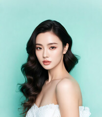 Beautiful Asian beauty model, fair skin, delicate black wavy curls. Standing sideways in front of a green background, suitable for beauty salon, skin care, dermatology poster modeling