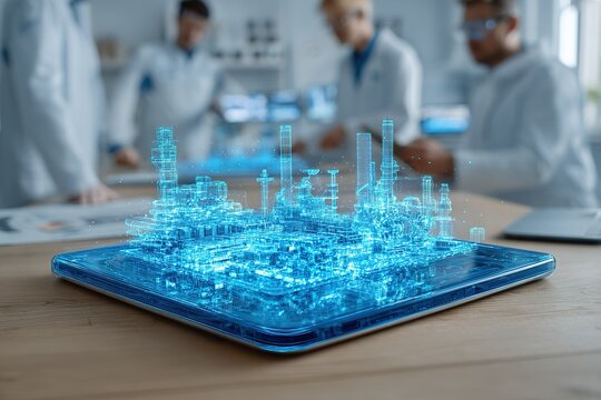 Innovative engineers collaborating on digital industrial model in high-tech workspace