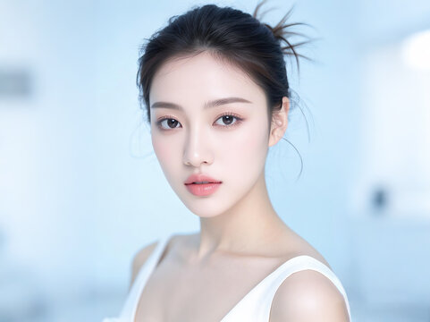 Skin care, beauty agency model, beautiful Asian woman with one hand on her chest, for beauty salon, skin care, dermatology poster modeling