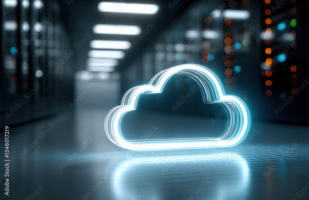 Poster modern cloud computing data storage technology concept with digital cloud icon in data center enviro