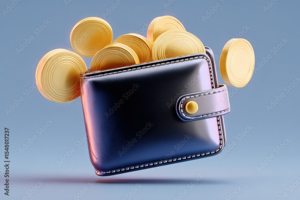 Poster stylish black leather wallet with gold snap button resting on a smooth surface surrounded by scatter