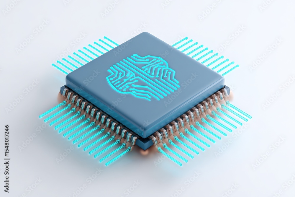 Poster Close-up of a modern microprocessor chip with a digital fingerprint icon on surface illuminated by blue light on white background