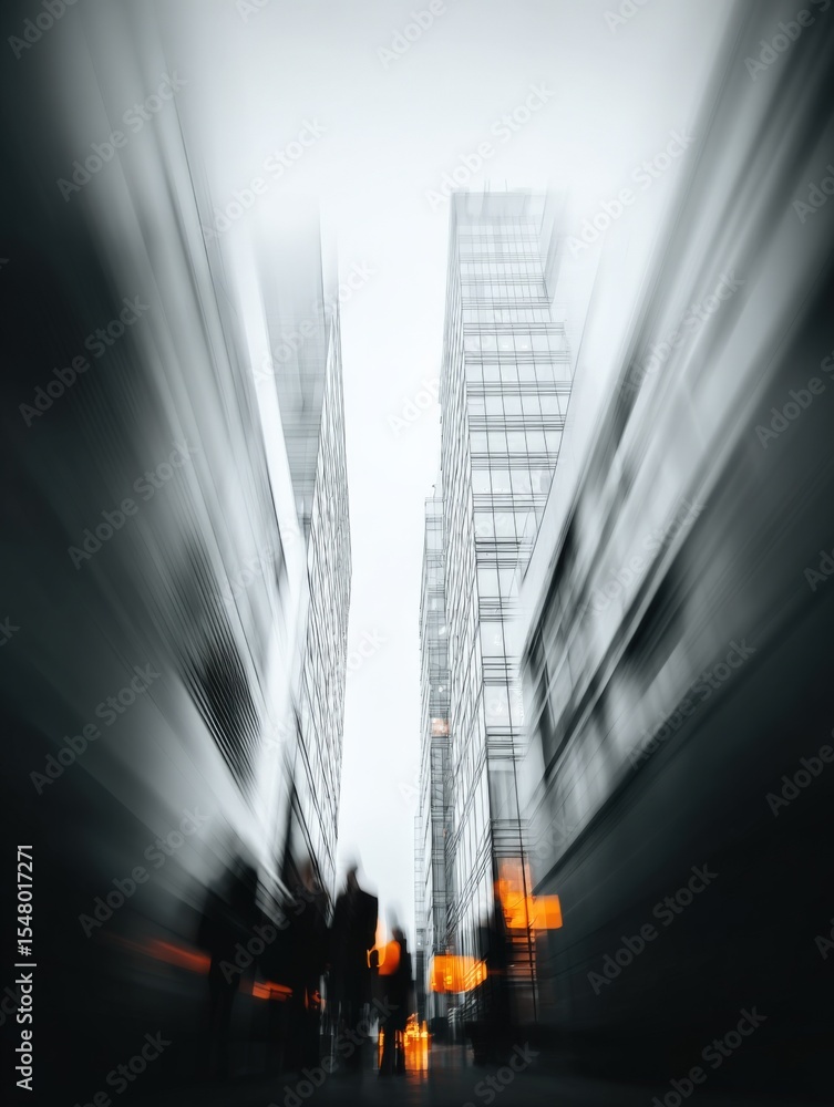 Poster dynamic motion blur of modern city skyscrapers du daytime showcasing urban architecture and bustling