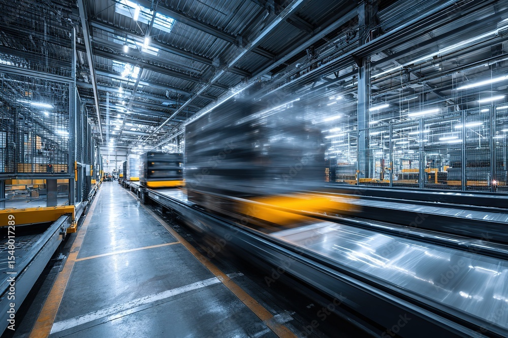 Poster efficient warehouse operation with automated systems in a modern facility during evening hours