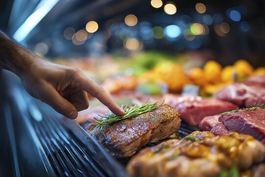 Male hand selecting fresh meat cut at grocery store display with garnish
