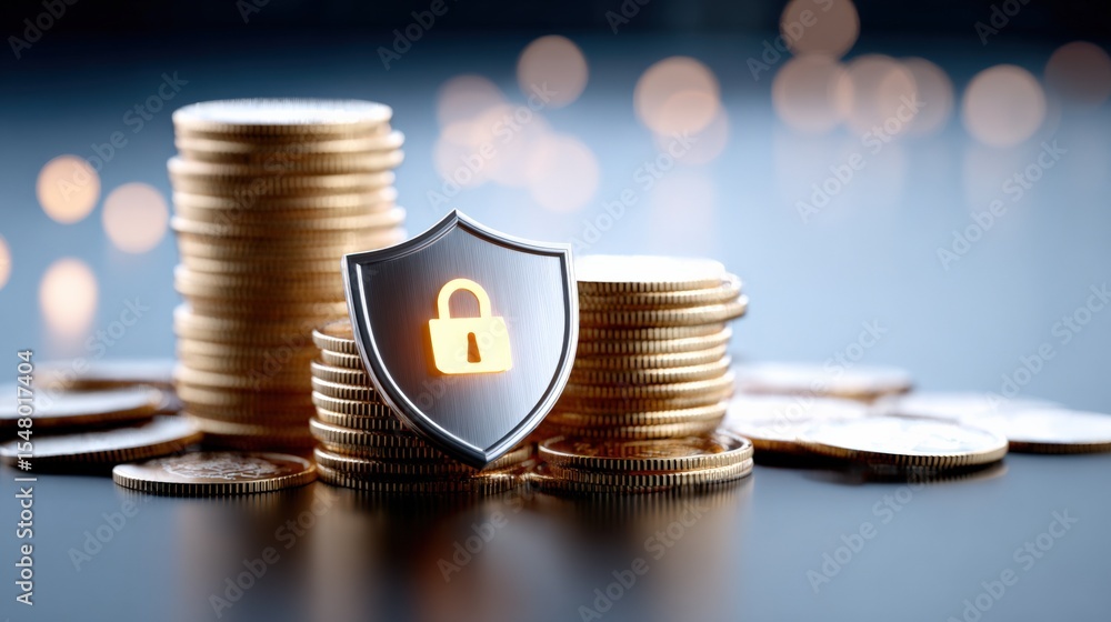 Aufkleber Stack of Coins with an Security Shield Lock Icon on Top Symbolizing Financial Security and Digital Encryption Concept