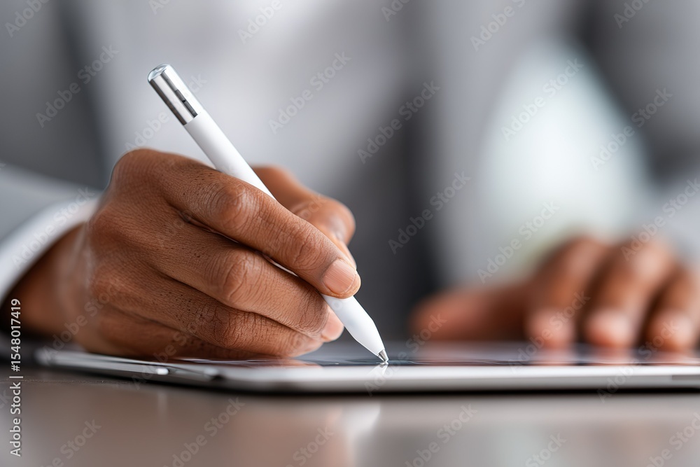 Poster professional using digital tablet for work in modern office setting during daytime