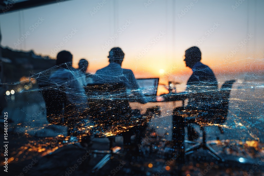 Poster business meeting at sunset with cityscape view and data visualization elements in the background
