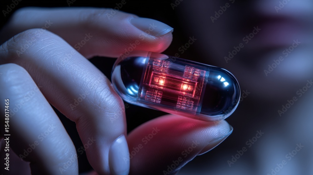 Poster Close-up of a futuristic capsule with glowing red lights held between fingers in a dark high-tech laboratory setting