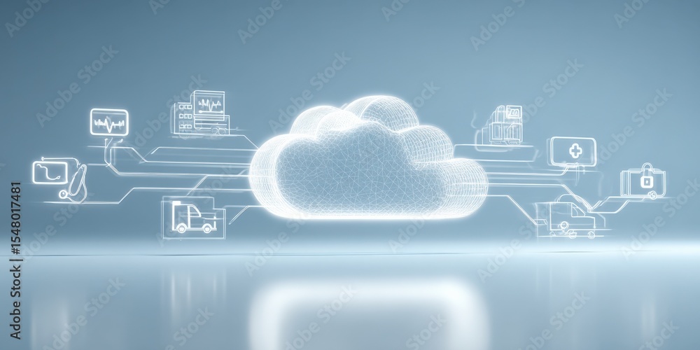 Poster cloud computing technology concept with digital data connections and network icons on a futuristic b