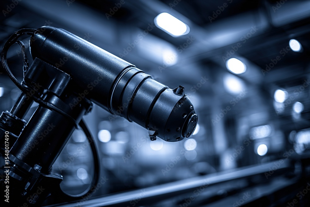 Poster robotic arm features advanced technology in modern industrial setting during evening hours