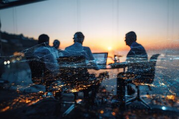 Business meeting at sunset with cityscape view and data visualization elements in the background