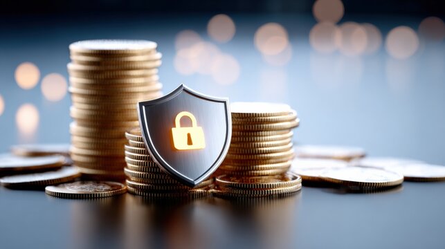 Stack of Coins with an Security Shield Lock Icon on Top Symbolizing Financial Security and Digital Encryption Concept