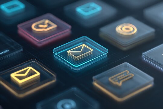 Close-up of a digital keyboard with glowing email icons in multiple colors highlighting digital communication technology and online messaging concepts