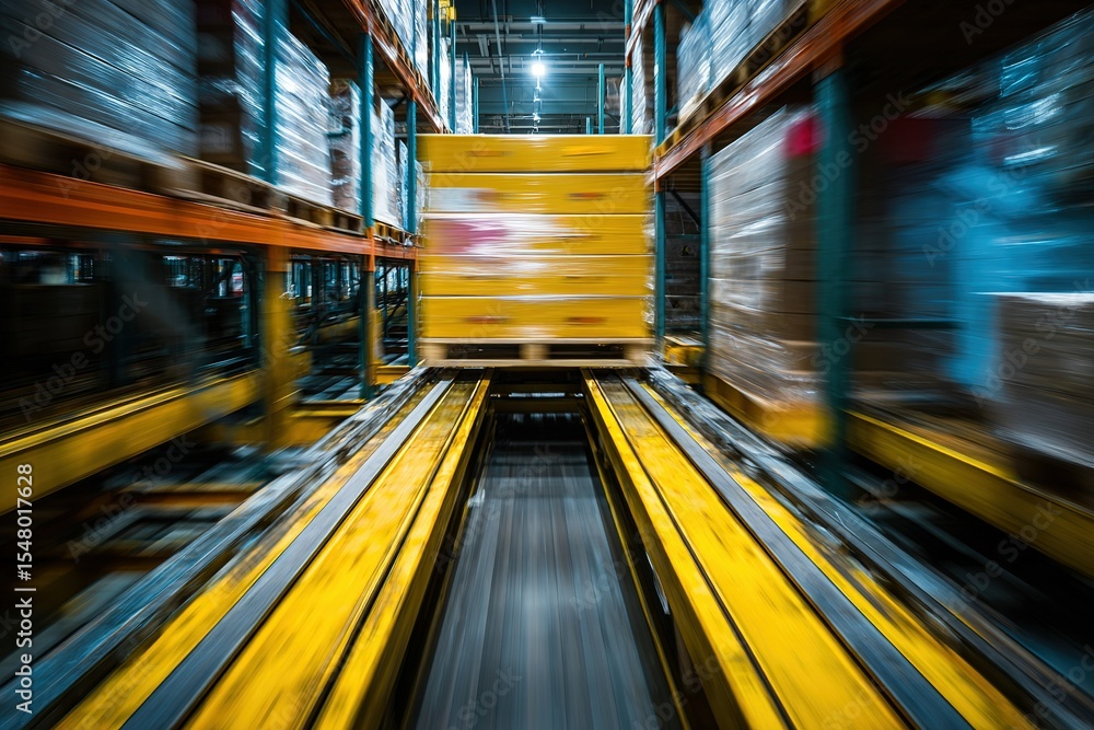 Poster warehouse conveyor system transporting pallets in an industrial setting