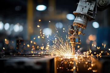 Robot welding metal in a factory, creating sparks during the manufacturing process