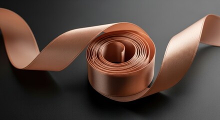 A softly curved roll of rose-gold satin ribbon elegantly displayed on a dark background.