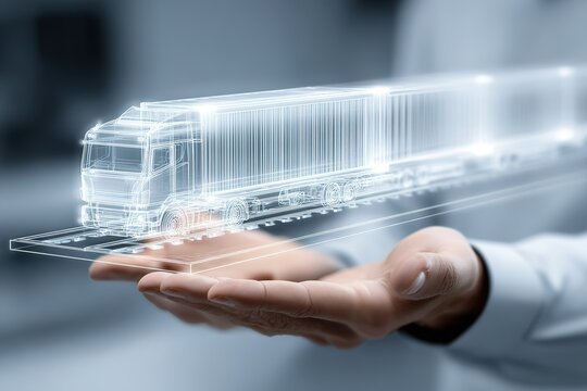 3D holographic model of a truck being examined by a businessman in a modern office