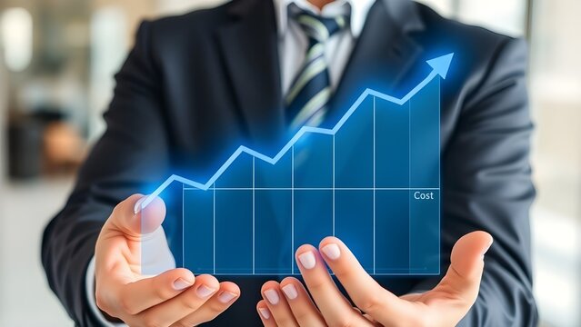 Businessman holding with virtual quality control growth graph and cost reduction. cost optimization for products or services to improve customer satisfaction.