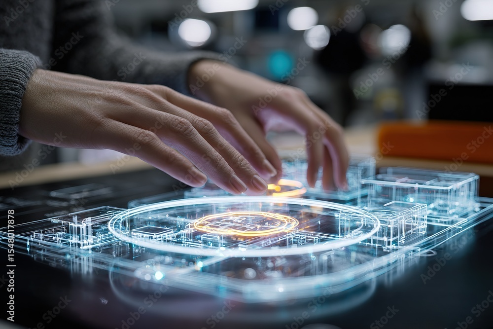Poster innovative technology demonstrated by an individual interacting with a digital interface in a modern